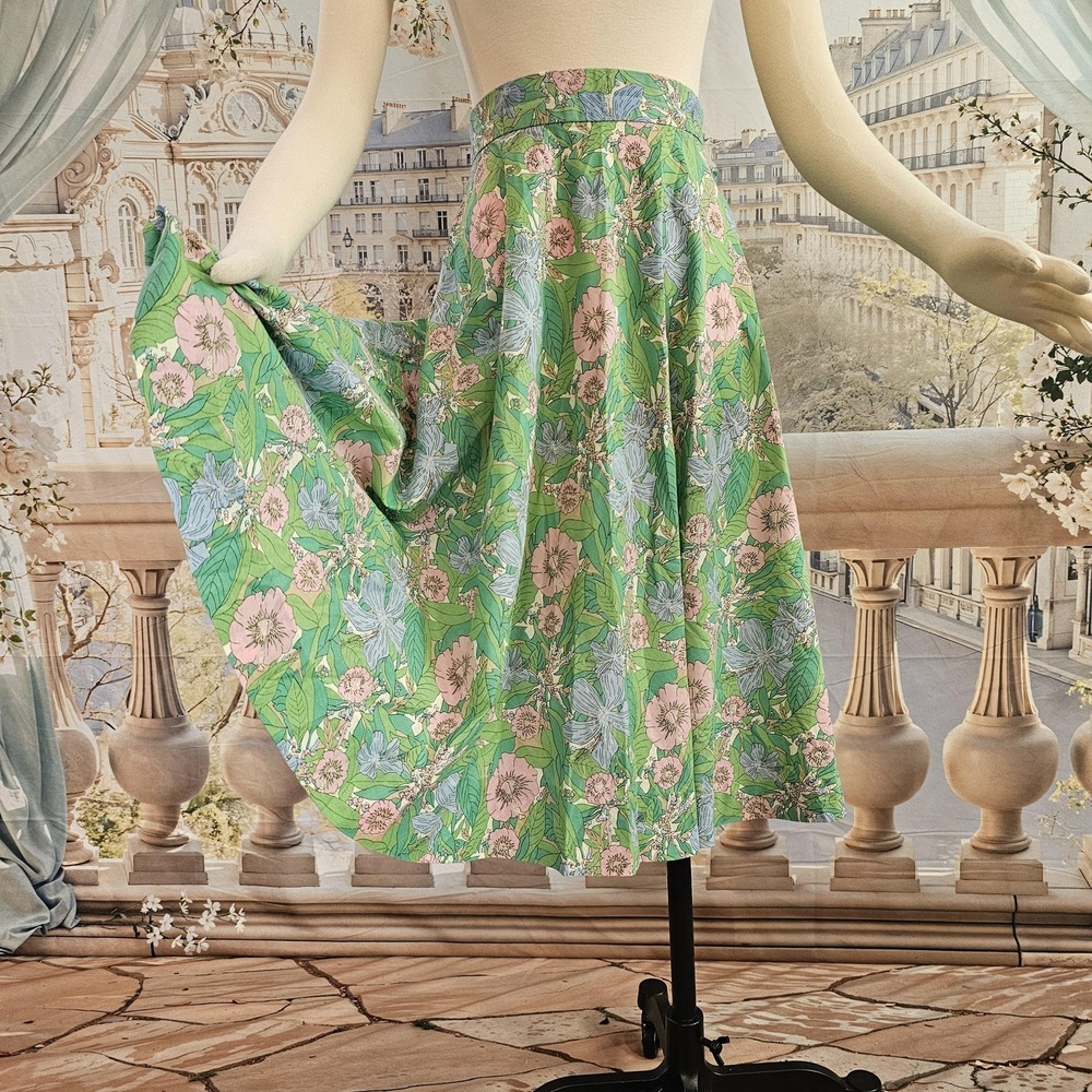 Vintage‎ 1960's Skirt Midi Skirt Green Pink Blue Floral Retro